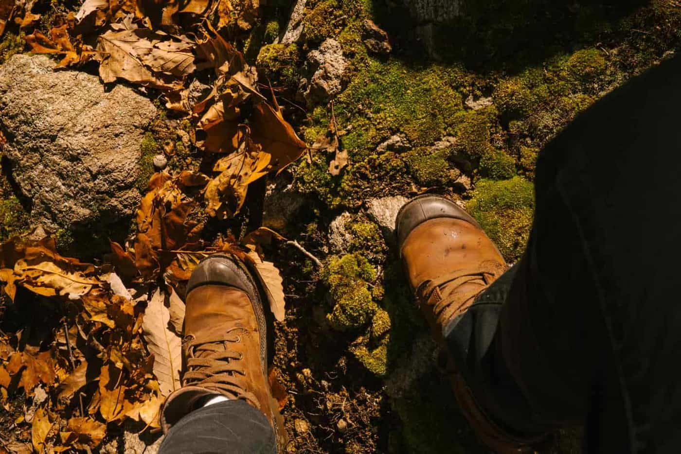 Leather boots on dry autumn leaves, seen from above