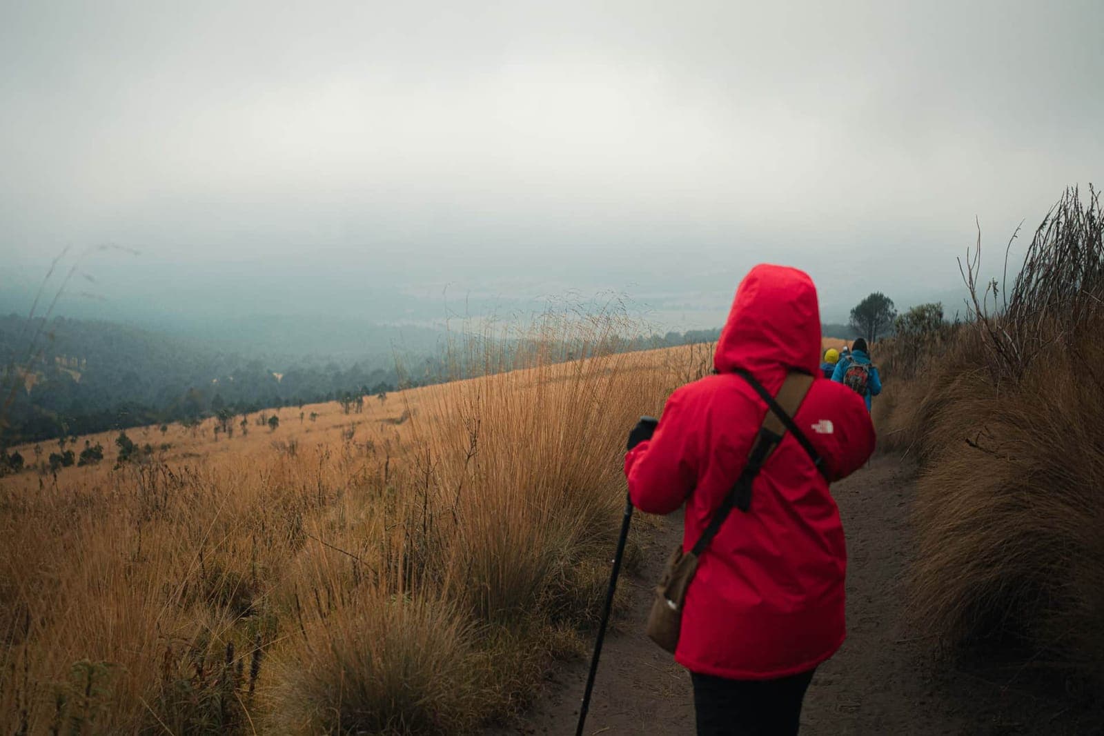 A hiker in a red rain jacket on a foggy trail