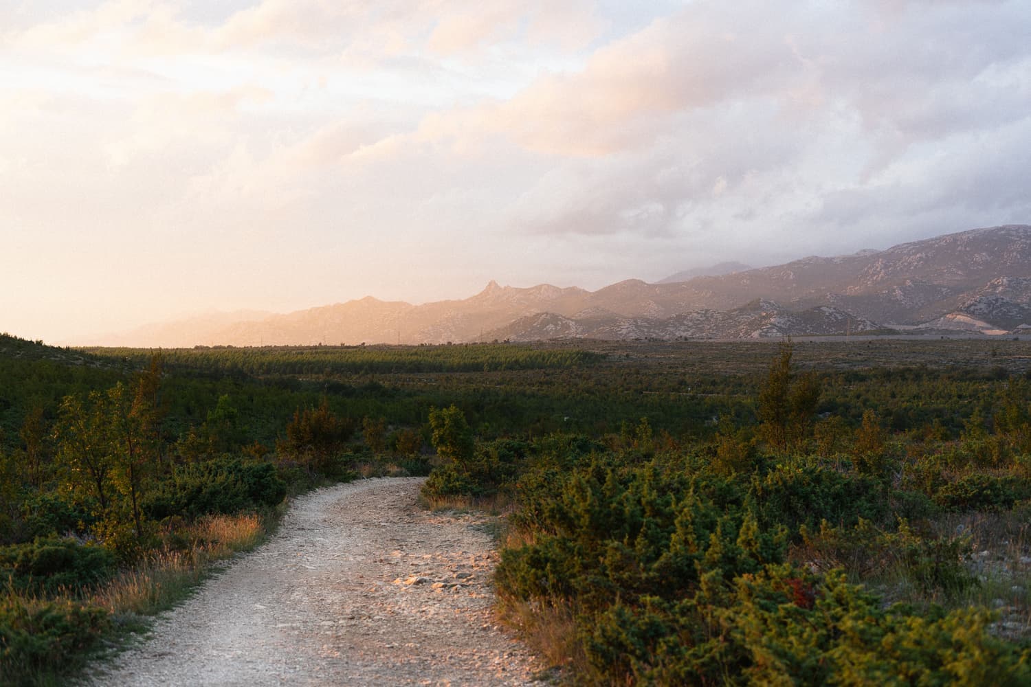 A gravel trail leading toward mountains at sunset